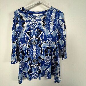 Chico's Womens Ikat 3/4 Sleeve Slub Tunic Top Size 1 Medium Cotton Blend Blue
